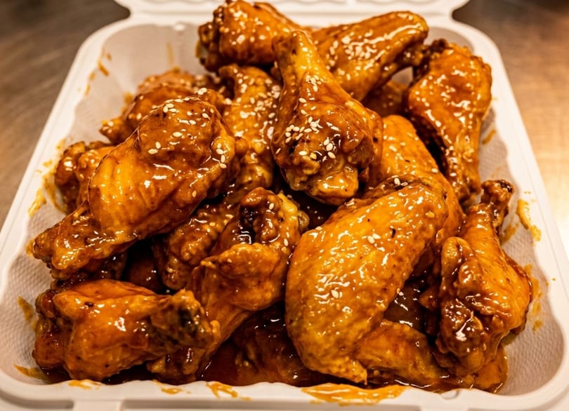 Close-up of numerous glazed chicken wings with sesame seeds in a white takeout container.