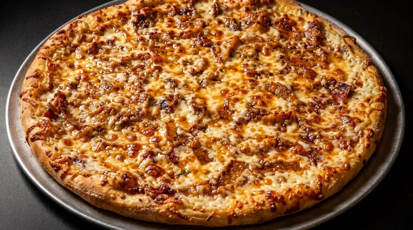 A whole, freshly baked pizza with melted cheese and toppings on a metal pan.