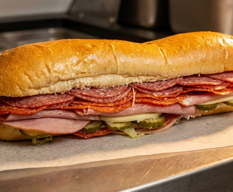 A large, delicious-looking submarine sandwich filled with various meats, cheese, and pickles.